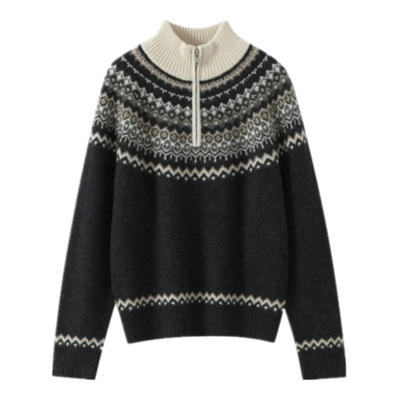 2025年秋季套头时尚百搭通勤简约休闲半高拉链时尚，女装针织衫/毛衣，朝辰羊绒