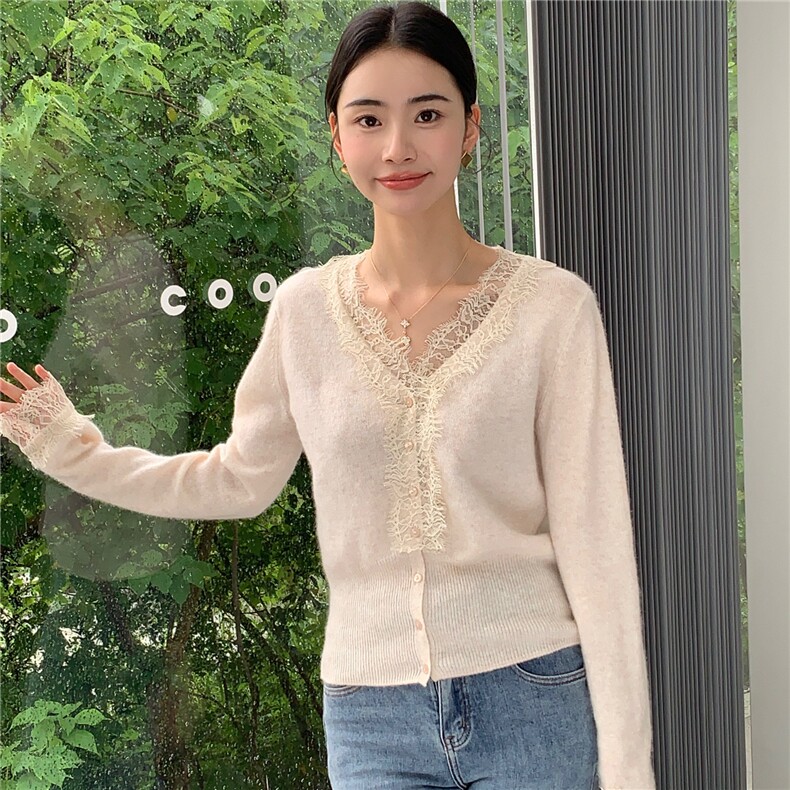 2025舒适百搭简约秋冬v领蕾丝长袖针织羊绒衫,女装羊绒衫,玛卡隆羊绒