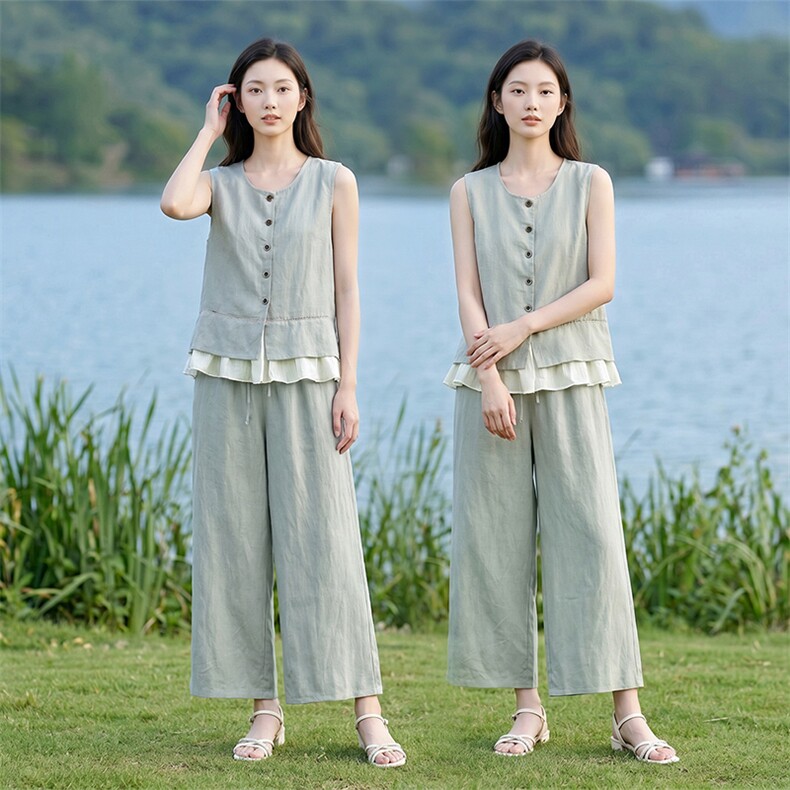 亚麻套装夏季女两件套,女装套装/套裙,曼沙奕珂