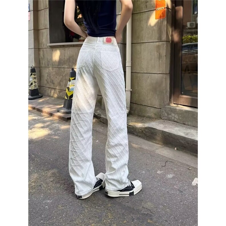 白色宽松新款提花牛仔裤休闲裤女早春高腰直筒裤拖地阔腿裤长裤子,男装牛仔裤,星座506A