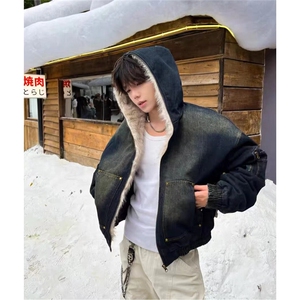 J63-P163 美式连帽牛仔棉服男女水洗重磅座山雕毛领复古加绒加厚图片