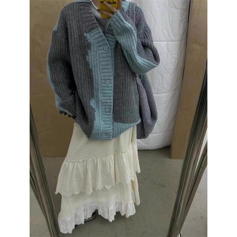 秋冬复古潮牌高街慵懒风宽松休闲拼色开衫毛衣男女v领外套上衣潮，男装针织衫/毛衣，星座506A