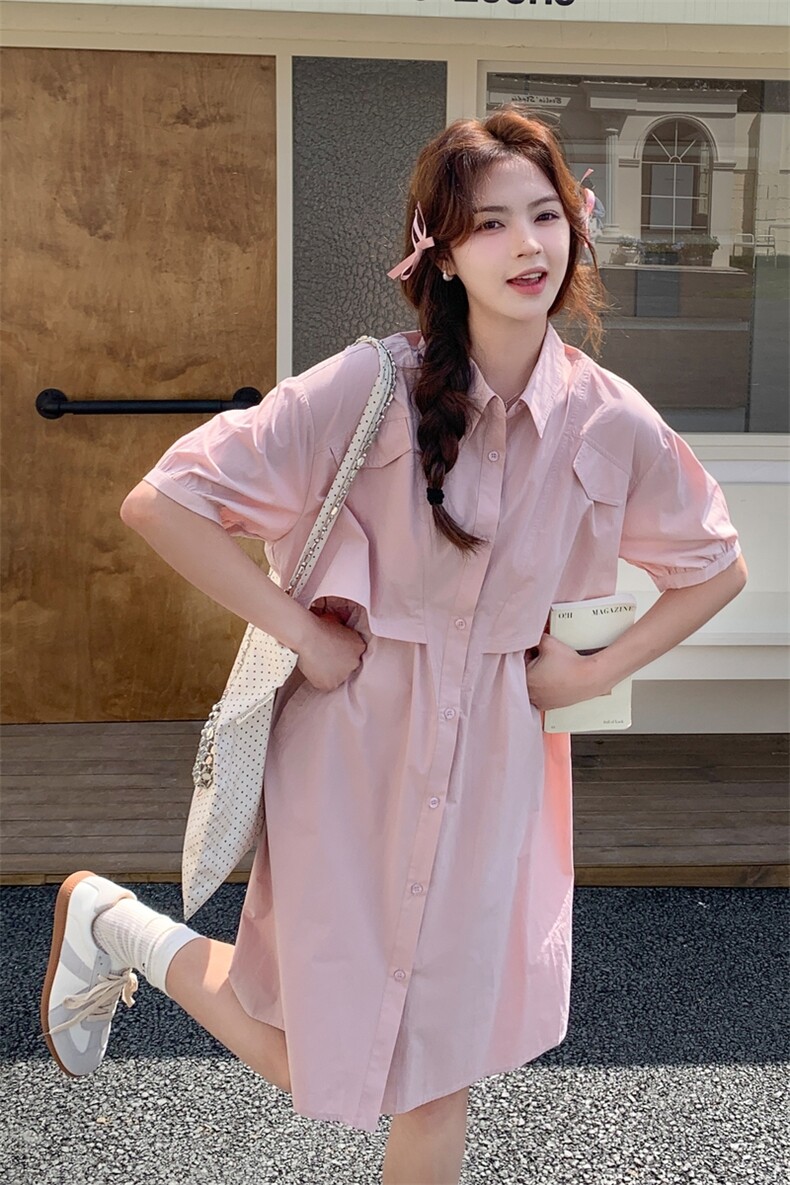 夏季韩系减龄甜美收腰显瘦中长款衬衫裙粉色泡泡袖假两件连衣裙女，女装连衣裙，浙宝203