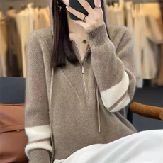 连帽衫女元宝针半拉链拼色卫衣宽松休闲羊毛针织打底衫，女装针织衫/毛衣，萱芳婷羊绒