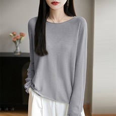 简约卷边圆领薄款宽松打底衫女2025春季精纺长袖针织小衫百搭上衣，女装针织衫/毛衣，暖烁特种纱工厂店