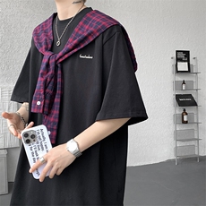 8XL-M潮情侣美式拼接打结格子假两件短袖宽松纯棉T恤男DX338，男装T恤，电商D206-1
