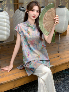 新中式g风套装女2026夏季流行复古印花盘扣旗袍上衣阔腿裤两件套图片
