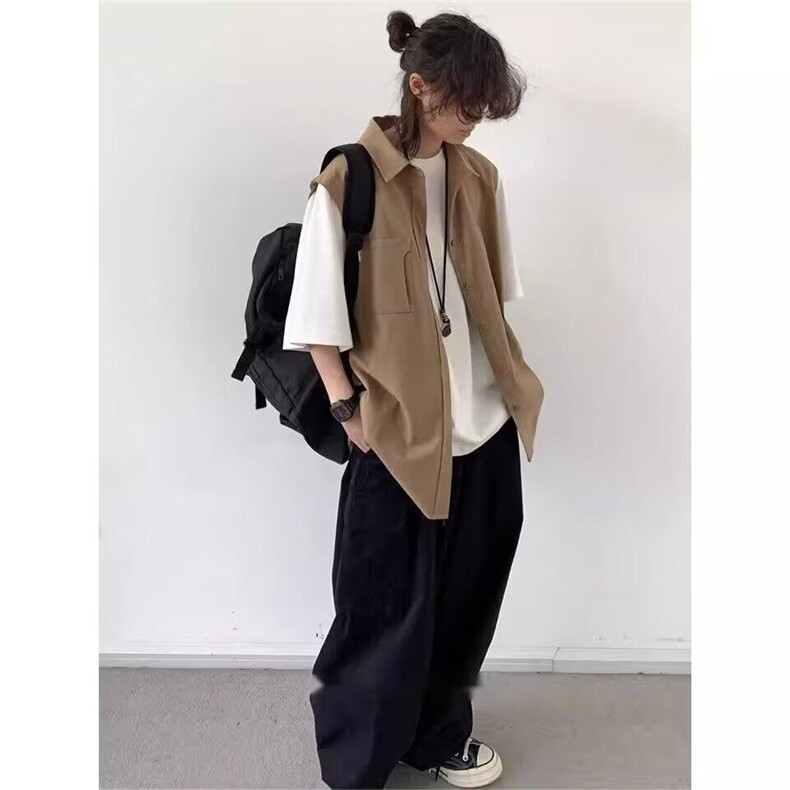 夏季日系复古假两件工装短袖衬衫男女cityboy宽松衬衣LB644-p36图片