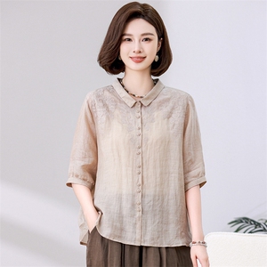 高端苎麻衬衫女夏季2024新款棉麻风上衣中年妈妈洋气减龄漂亮小衫图片
