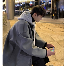 wassuphappy假两件连帽毛呢大衣男冬季潮流加厚呢子休闲风衣外套，男装风衣，星座812