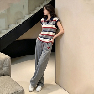高级感时尚休闲运动套装女夏季新款POLO条纹短袖上衣阔腿裤两件套图片 高级感时尚休闲运动套装女夏季新款POLO条纹短袖上衣阔腿裤两件套图片