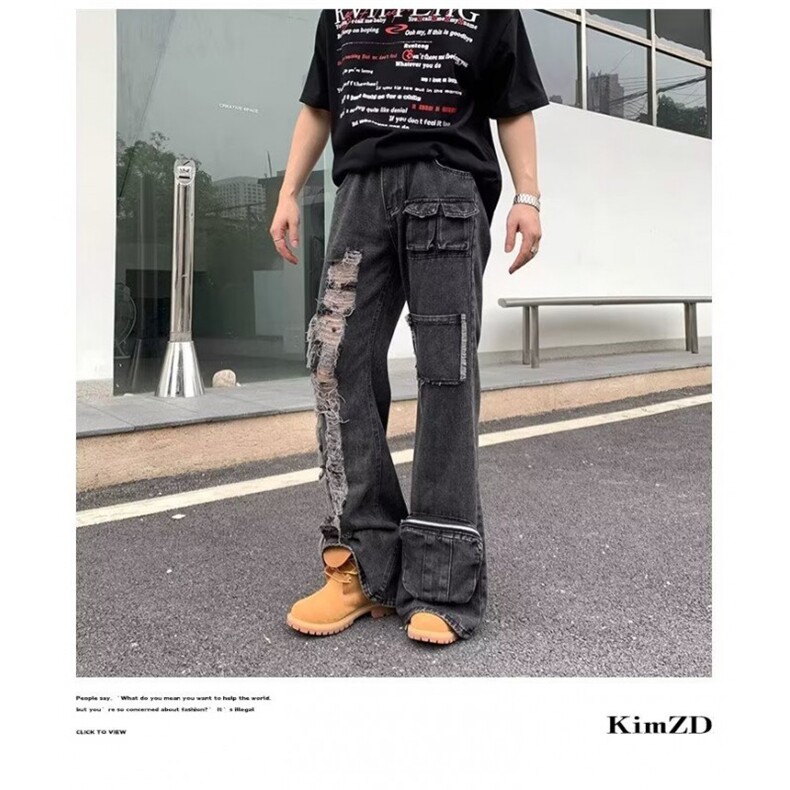 网络图现货！拼接平腰半松紧高街牛仔裤RY9200-P65,男装牛仔裤,星座1005-6