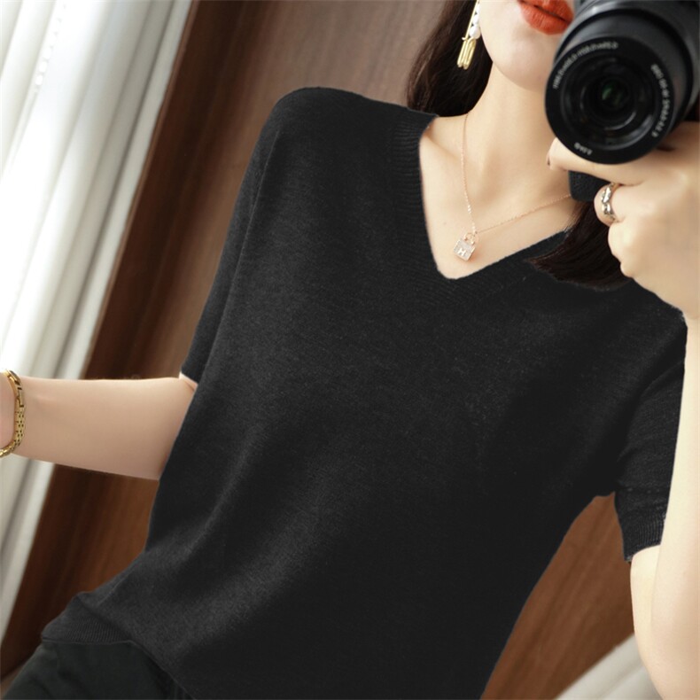 春秋短袖羊毛衫女V领半袖夏季毛衣修身衫薄款打底针织衫上衣，女装针织衫/毛衣，春韵羊绒
