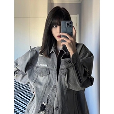2025美式高街设计感水洗破洞牛仔外套女春季做旧工装潮牌vibe夹克，男装夹克，星座506A