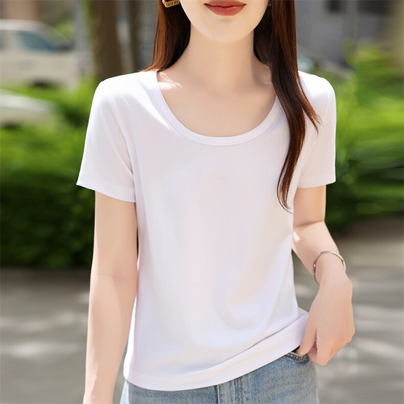 新款莱赛尔天丝上衣纯色套头半袖T恤女休闲薄款短袖,女装T恤,硕诚羊绒
