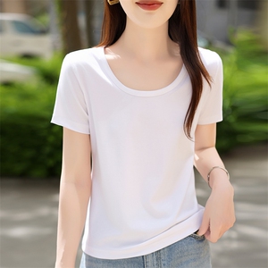 新款莱赛尔天丝上衣纯色套头半袖T恤女休闲薄款短袖图片