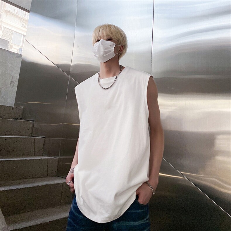 高街复古百搭宽松打底无袖T桖上衣ins运动简约纯色背心HY48TP13，男装T恤，电商A102B