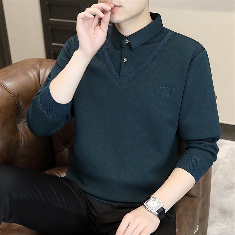 秋冬季男士假两件针织百搭衬衫领外套男毛衣内搭T恤9057加绒-P30,男装针织衫/毛衣,星座1706