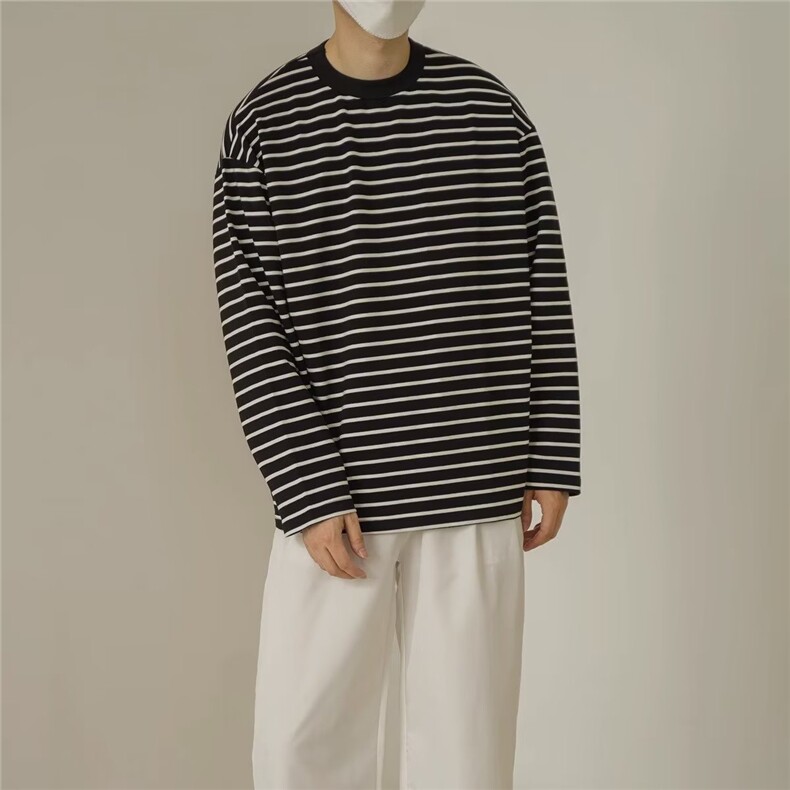 新品韩版潮流时髦复古条纹印花圆领长袖t恤衫男宽松MY686-P32，男装T恤，星座208-5