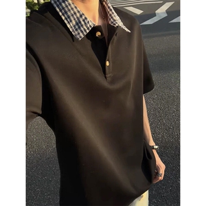 白灰色假两件格子短袖polo衫男夏季美式潮牌拼接半袖薄款透气体恤图片