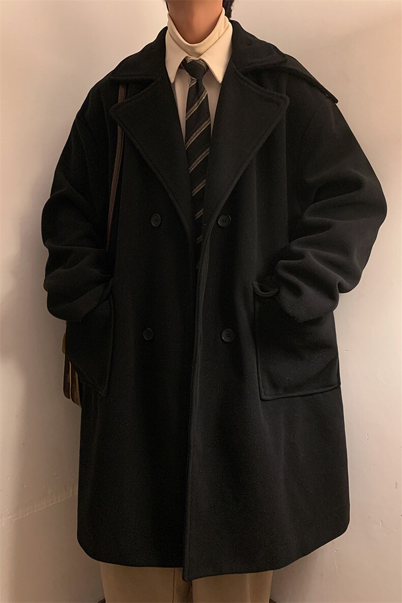 N6150/P115港风双排扣中长款过膝长款呢大衣男风衣毛呢料外套,男装风衣,电商A141
