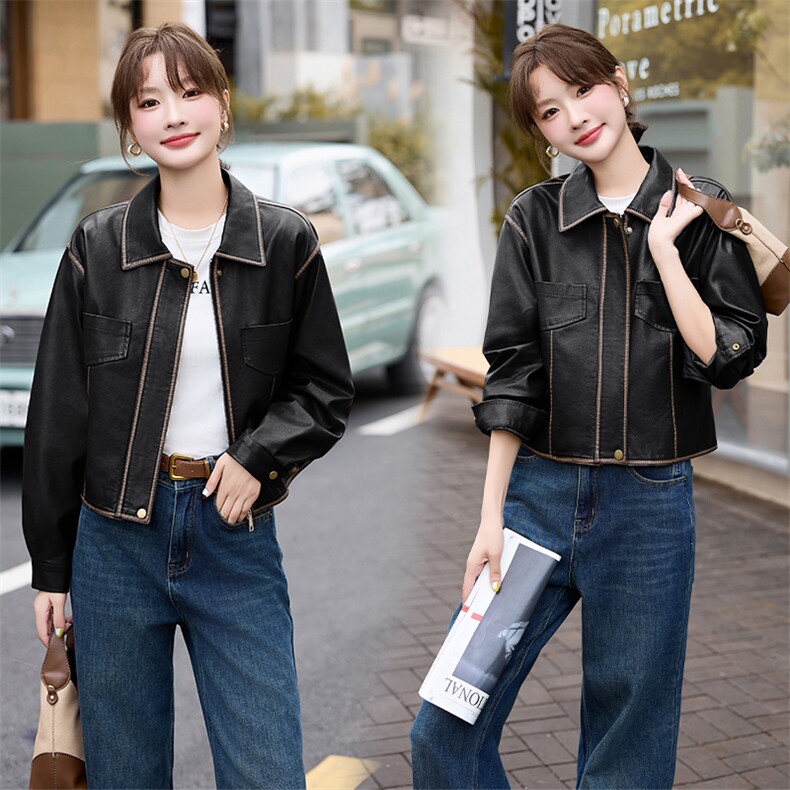 流行安哥拉红皮衣夹克外套女春秋2024新款复古港风休闲小个子上衣，女装皮衣，江南女神