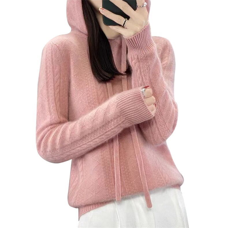 秋冬新款100%纯羊毛衫女纽花纯色连帽卫衣宽松显瘦羊绒针织打底衫,针织衫/毛衣,萱芳婷羊绒