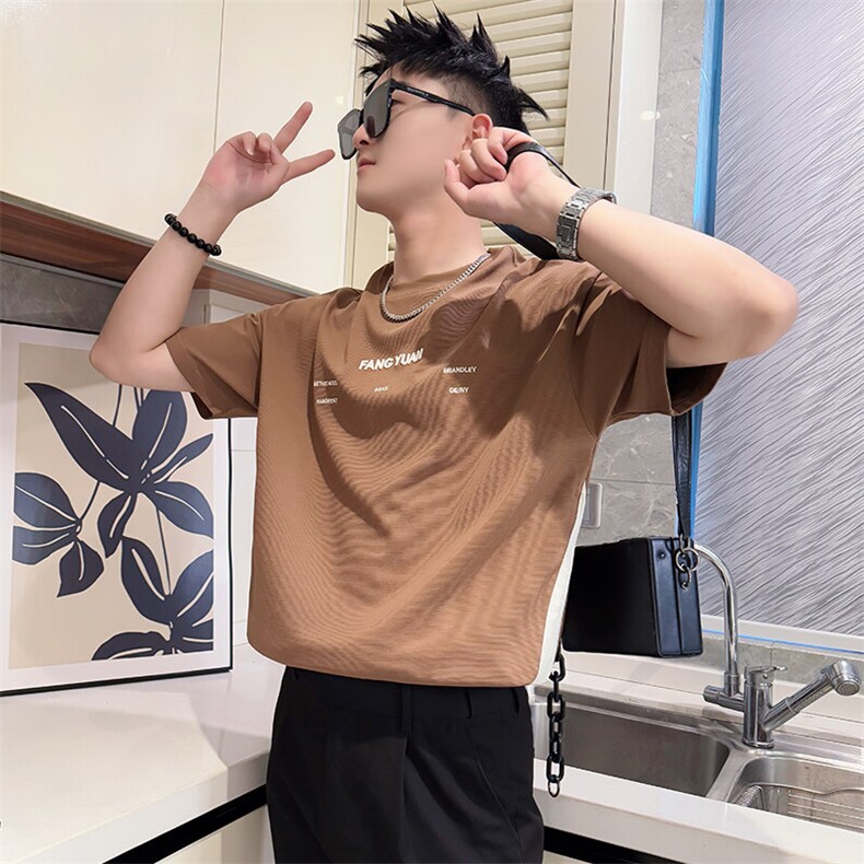 AT591/P48控68夏季社会小伙简单舒适百搭字母拼接撞色T恤男浅灰首,男装T恤,星座305B-1