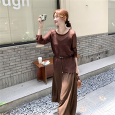 复古咖色罩衫吊带连衣裙两件套2025新款夏季简单大方流行淡人套装，女装连衣裙，维壹