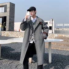 人字纹长款过膝大衣男FY706P128控158，男装风衣，星座517A-1