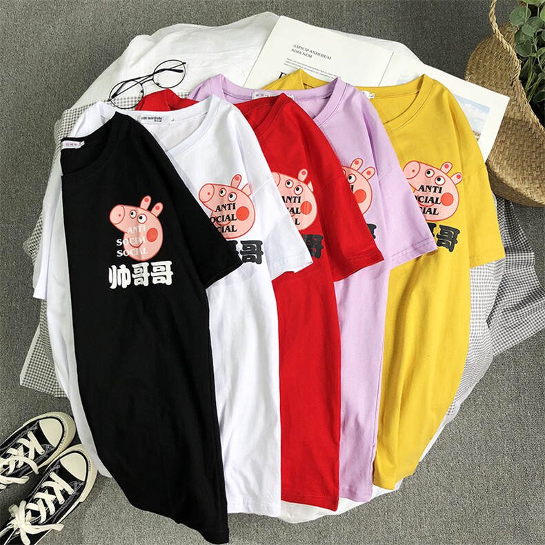 714-1-T085男生女生新款小猪印花日系休闲情侣体恤潮MMPybv,男装T恤,星座1404-3