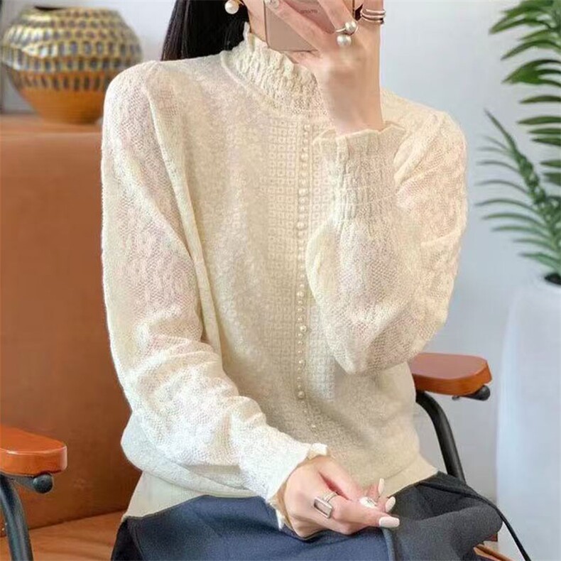 长袖套头半高圆领2025年春季淑女蕾丝针织衫,针织衫/毛衣,萱芳婷羊绒