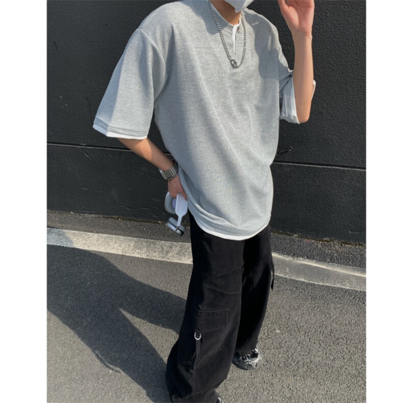 2026夏大码假两件华夫格五分短袖T恤男潮流宽松T6601/特P25灰2,男装T恤,电商A094