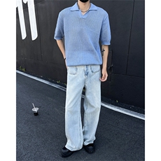 美式复古镂空翻领短袖针织衫男女时髦宽松慵懒开衫PE1101-P40，男装T恤，星座302B