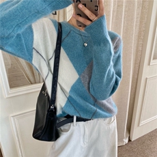 2025年秋季新款百搭拉毛菱形格圆领，女装羊毛衫，优麦羊绒（原洪叶羊绒）