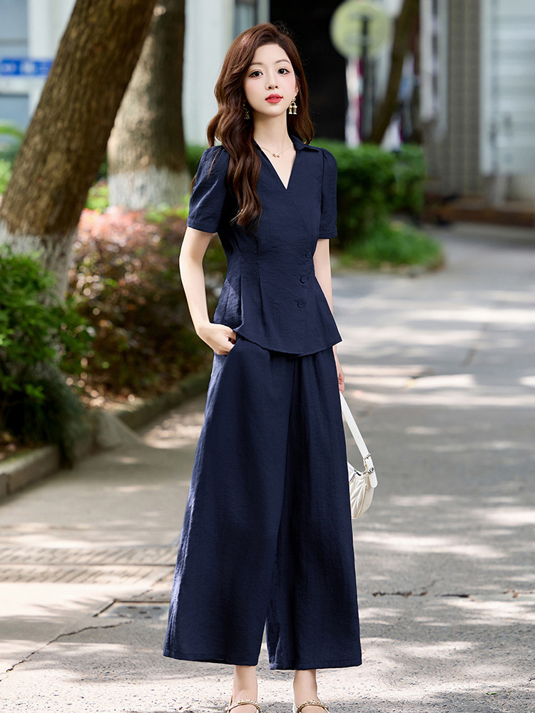 高级感时尚套装女2025夏季新款气质收腰显瘦短袖衬衫阔腿裤两件套,女装套装/套裙,姿衣坊