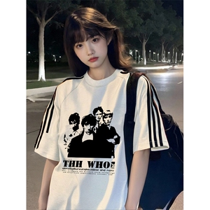 抖音得物高品质二开240克宽松纯棉美式潮牌三条杠织带短袖T恤图片