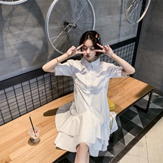 2021年夏季小清新女神白色衬衫式不规则蛋糕裙，女装连衣裙，卡莱