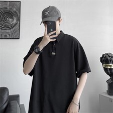 日系翻领POLO衫男士夏季薄款潮流ins有领胖子大码宽松潮牌短袖t恤，男装T恤，电商A177