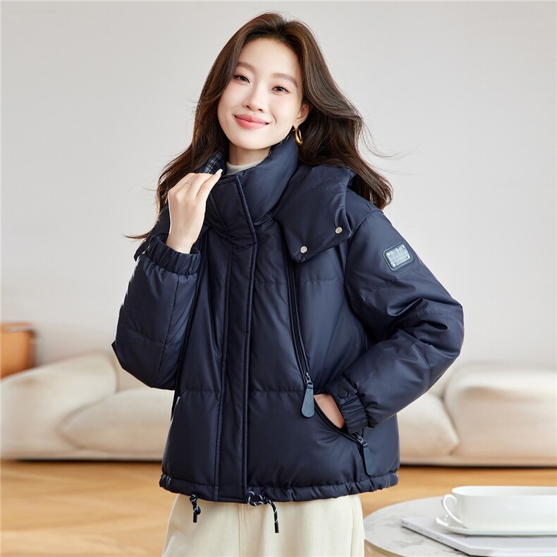 现货！免洗PU皮羽绒服女2025冬季新款小个子时尚格子拼接外套,女装羽绒服,沐七七