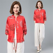 优雅印花衬衫套装女夏季新款宽松显瘦休闲两件套，女装套装/套裙，涵誉