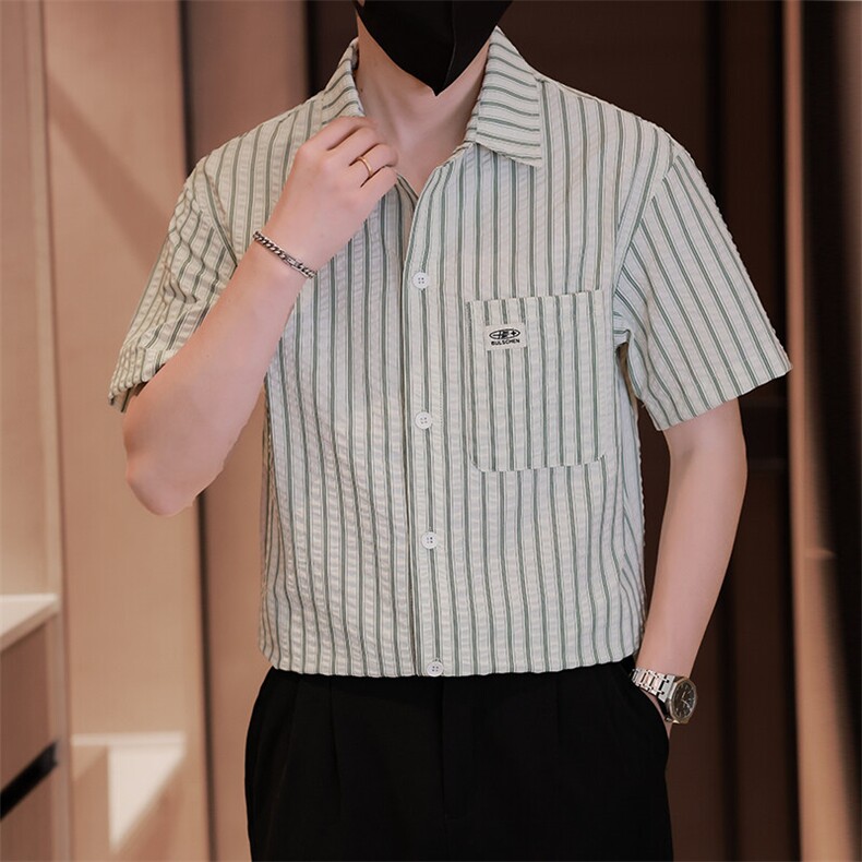 大货条纹衬衫男短袖夏季2025新款帅气衬衣C317-C803-P50,男装衬衫,电商C317