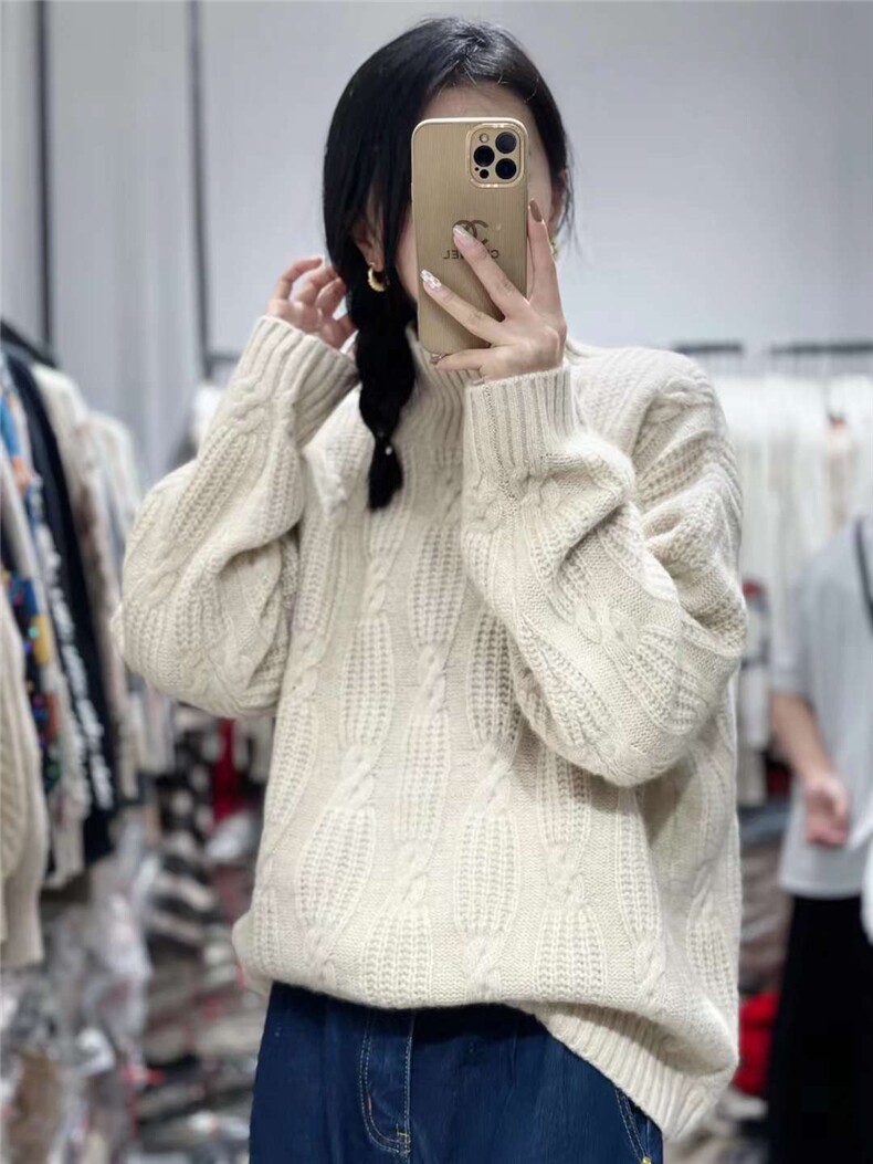 半高领毛衣女秋冬2024新款宽松慵懒风针织衫长袖上衣,女装羊毛衫,思途羊绒