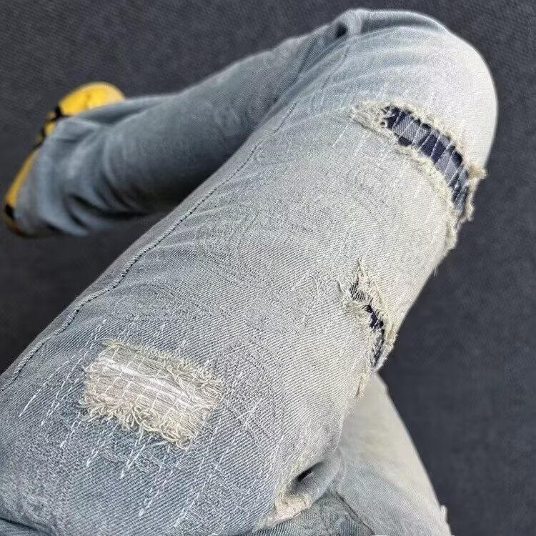 潮牌夏季新款破洞水洗牛仔裤男宽松个性直筒裤百搭直脚休闲九分裤,男装牛仔裤,星座506A