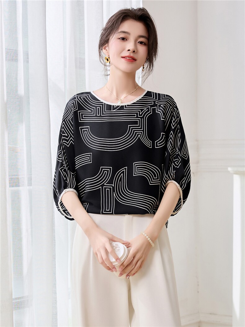 印花缎面真丝衬衫女中袖小衫2025年夏季新款宽松杭州真丝上衣,女装衬衫,阿舍尔精品