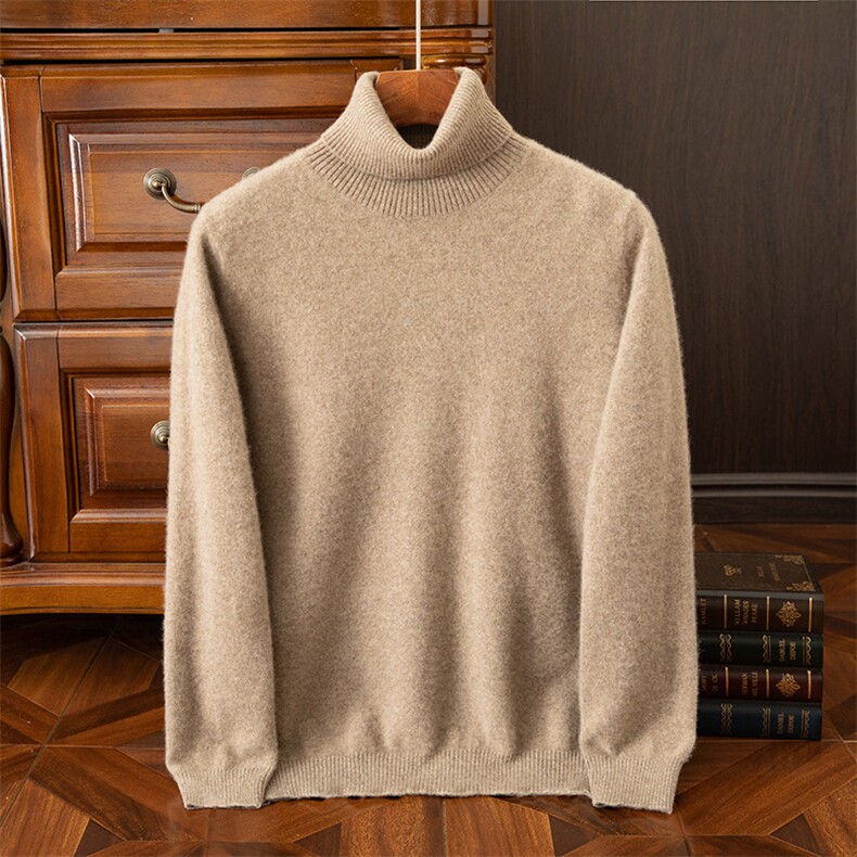 纯棉线长袖针织打底衫男士半高领毛衣秋冬加厚保暖休闲内搭上衣潮，男装羊绒开衫，吉高羊绒