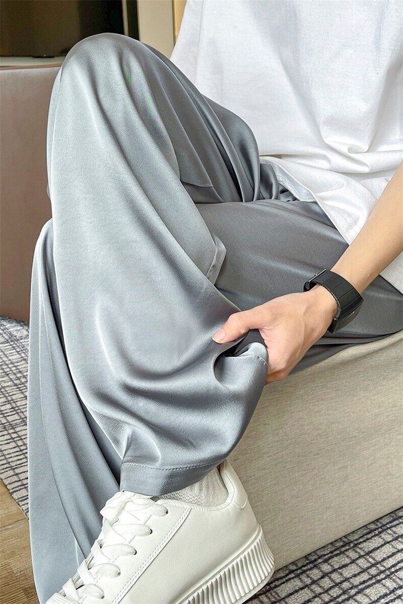 8XL-M特大码冰丝裤醋酸阔腿裤男缎面高腰垂感防晒凉凉裤K979P45,男装休闲裤,电商D206-1