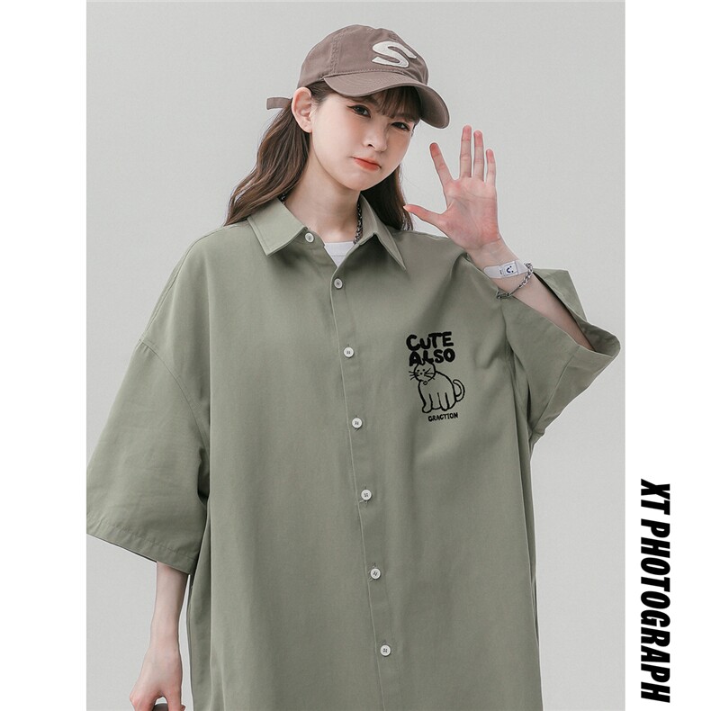 中性风23新款夏季时尚美式百搭宽松翻领衬衫短袖CS110P35控58图片