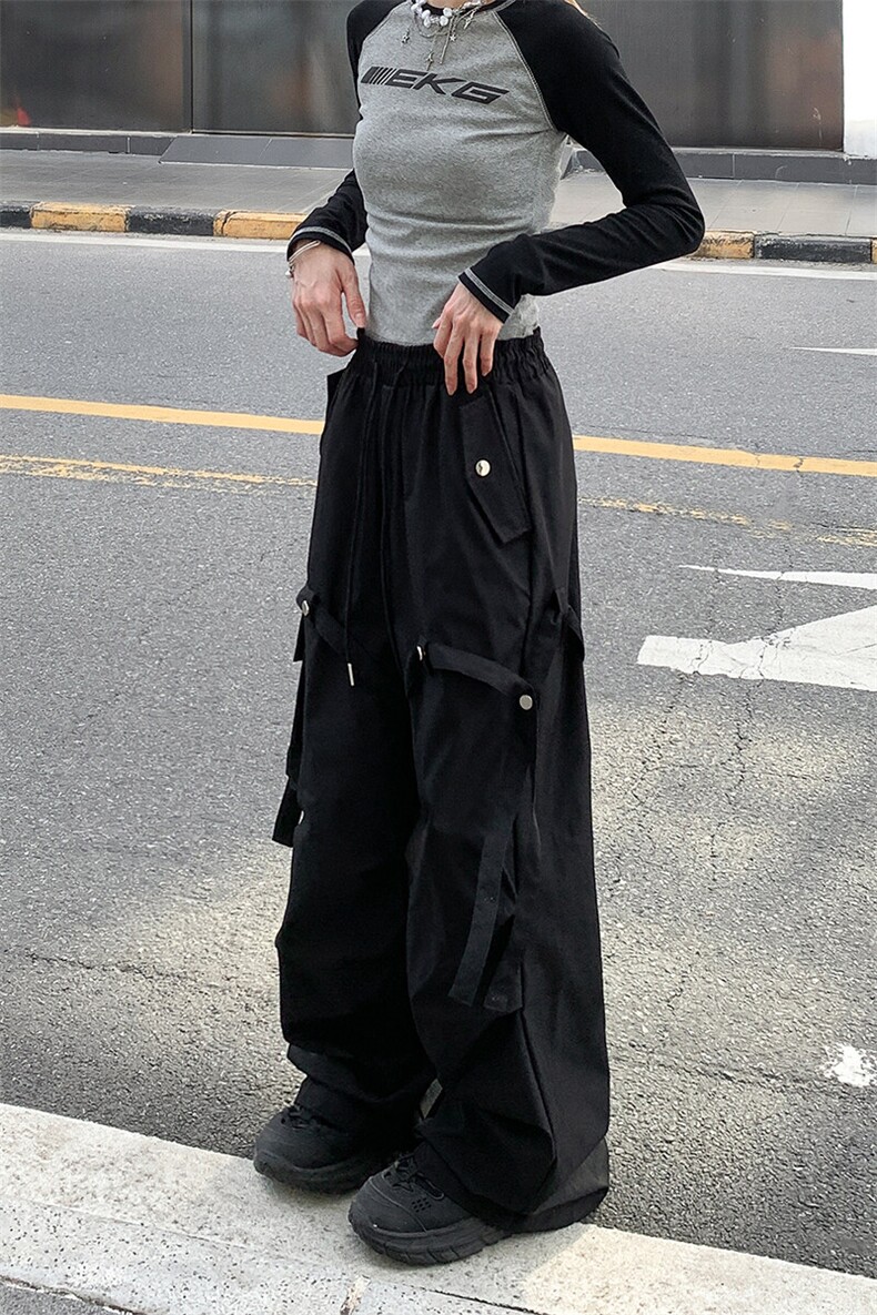 深咖色美式vibe工装裤子男春秋新款小众飘带伞兵裤高街嘻哈阔腿裤,男装工装外套,电商A102B