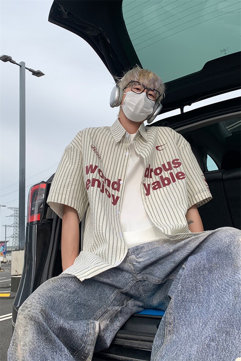 夏季新款短袖衬条纹衫拼色设计感休闲个性衬衣DC2236-特价P40,男装T恤,电商A007